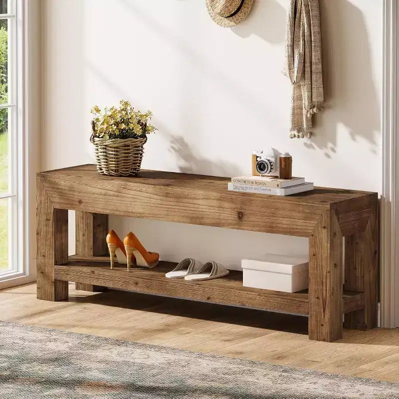 Banc d’entrée de 47.24 en bois massif avec étagères ouvertes, marron rustique