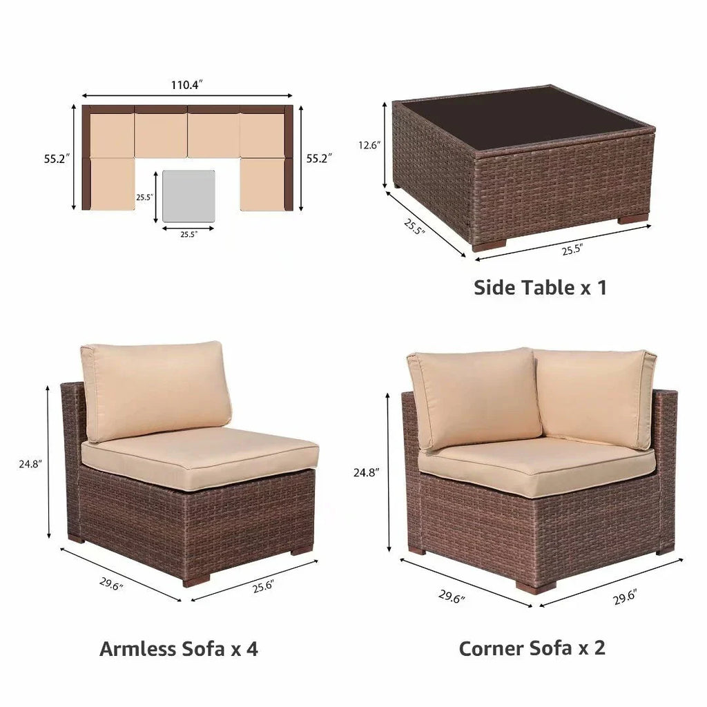 7-teiliges Outdoor-Ecksofaset aus Rattan und Stahl mit Kissen