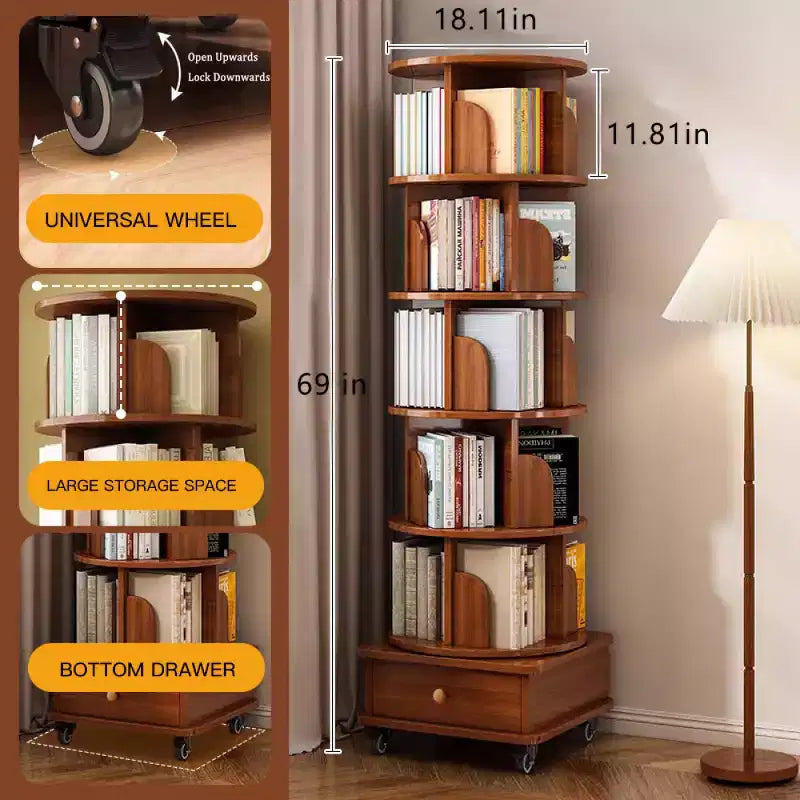 Libreria angolare girevole a 360° Chic Crate a 6 ripiani con ruote, libreria stretta per spazi ridotti, marrone noce