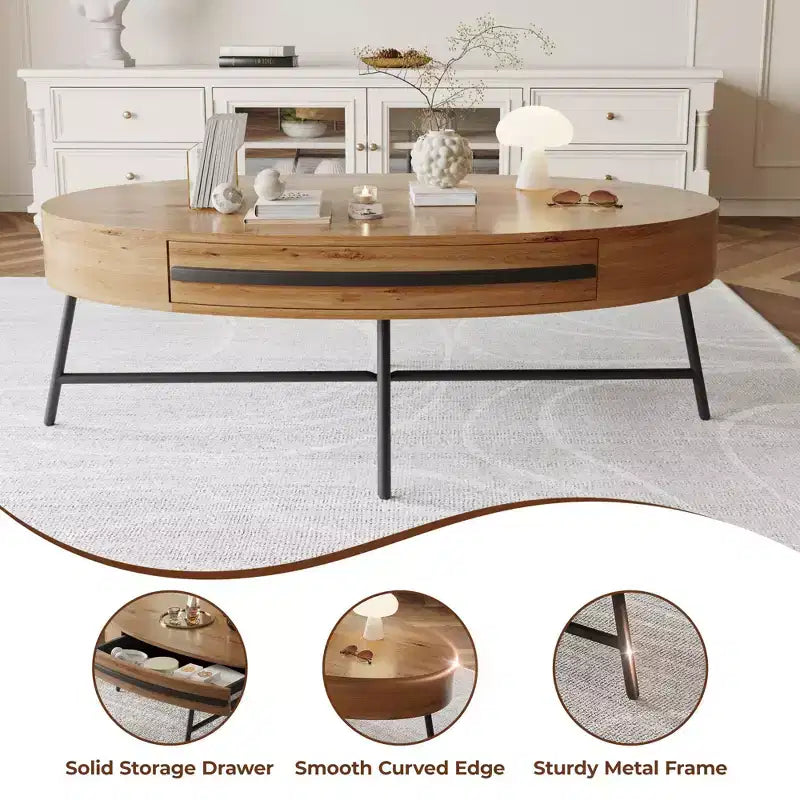 Ovaler Couchtisch mit Schublade, Mid-Century-Modern-Beistelltisch, 47.2, Couchtisch aus Holz mit Stauraum und gekreuzten Metallbeinen, geschwungenes Design