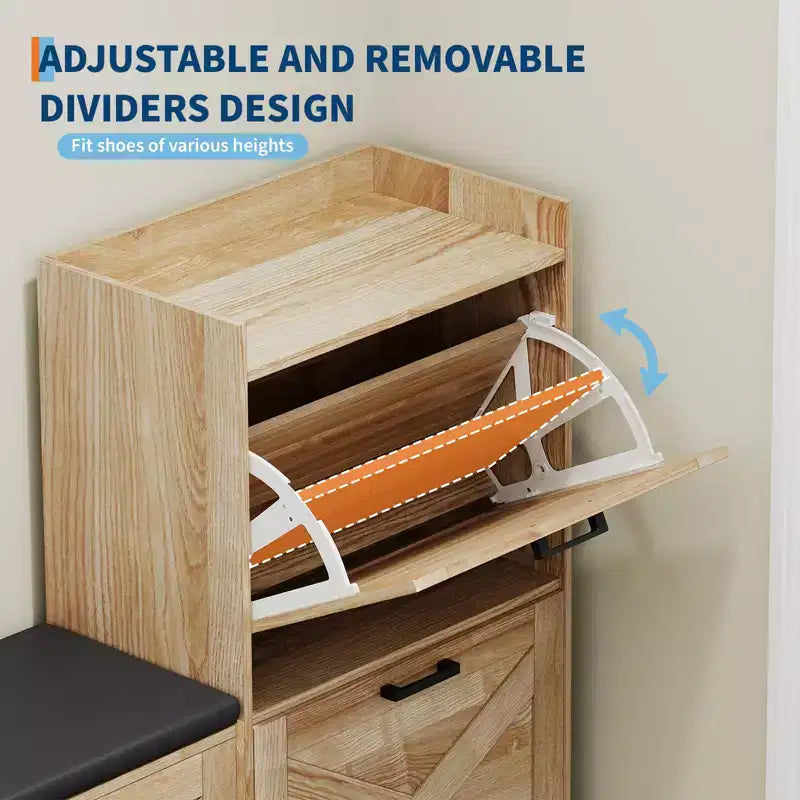Schuhschrank im Landhausstil, Flurbank aus Holz mit 4 Klappschubladen, schmaler, versteckter Schuhorganizer, freistehendes Schuhregal für Flur und Eingangsbereich