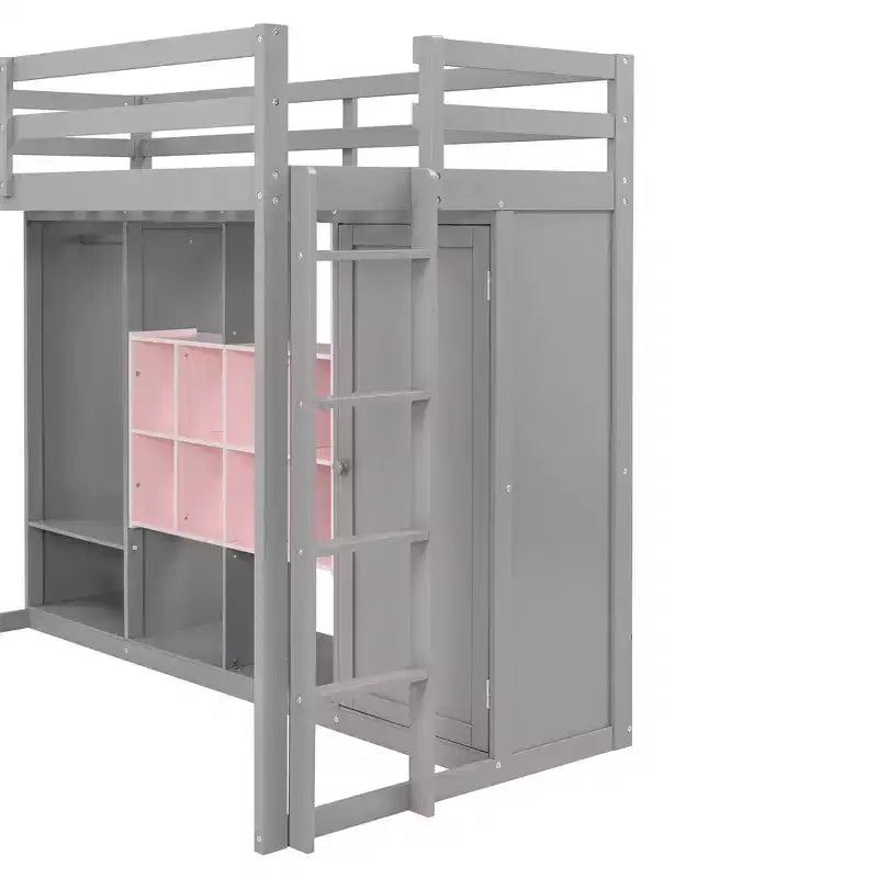 Kinder-Hochbett mit Kleiderschrank und Regalen, Holz-Hochbettrahmen mit Stauraumschrank für Kinder und Jugendliche