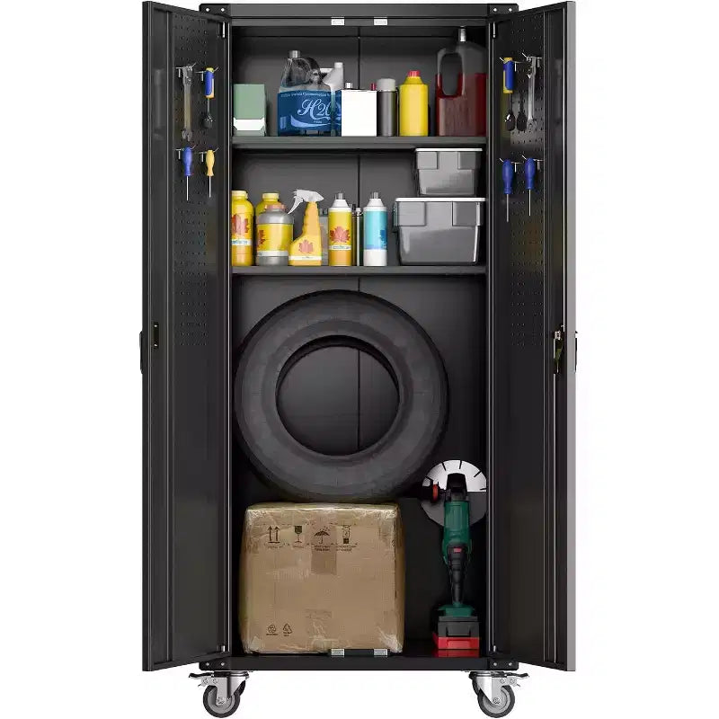 Armoire de rangement pour garage avec roulettes et panneau perforé, armoire métallique verrouillable de 72 H avec 2 portes et 4 étagères réglables pour atelier de garage