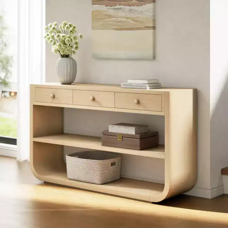 Tavolo consolle curvo ModernLuxe, tavolo d'ingresso, tavolino laterale per divano, espositore, tavolino d'accento con 3 cassetti a chiusura ammortizzata e 2 ripiani aperti