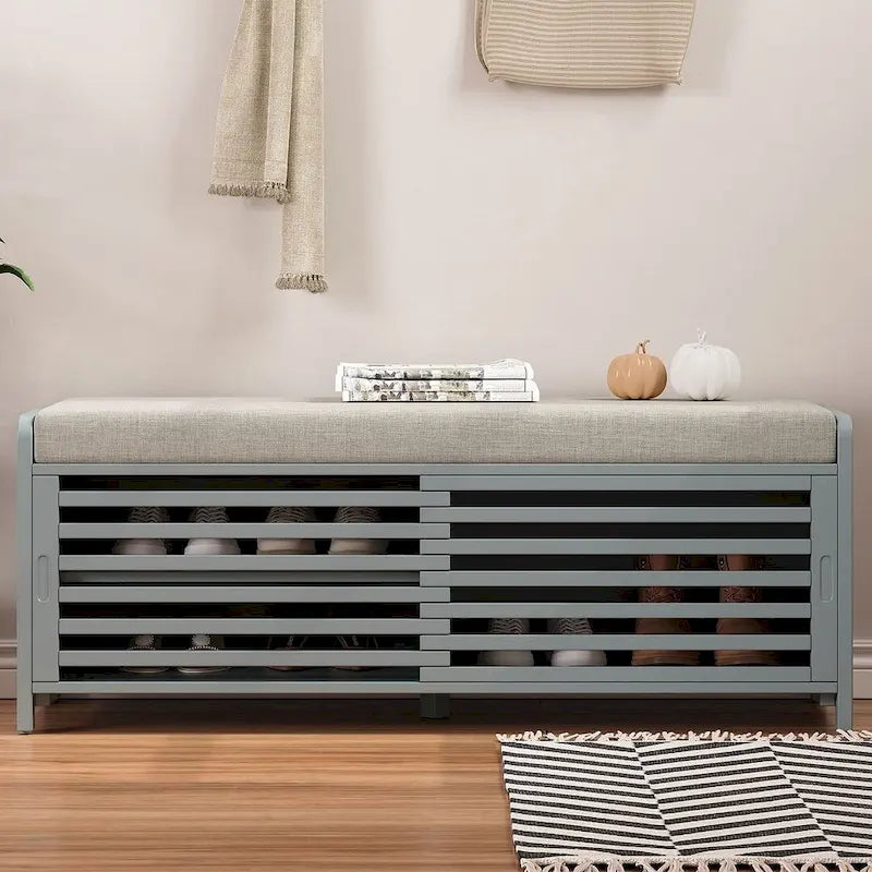Banc de rangement en bois massif de 43.30 pouces avec persiennes vieillies contemporaines