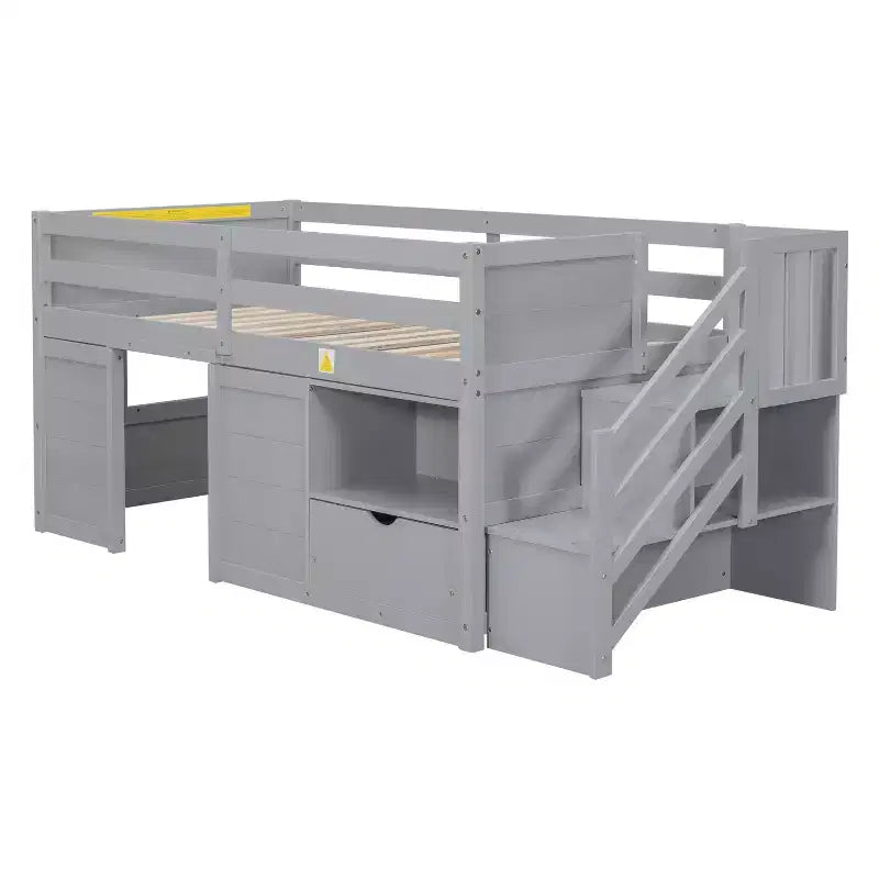 Lit mezzanine bas en bois massif, format simple, 94.6L x 42.3W, avec escalier, tiroir et étagère, design moderne et épuré