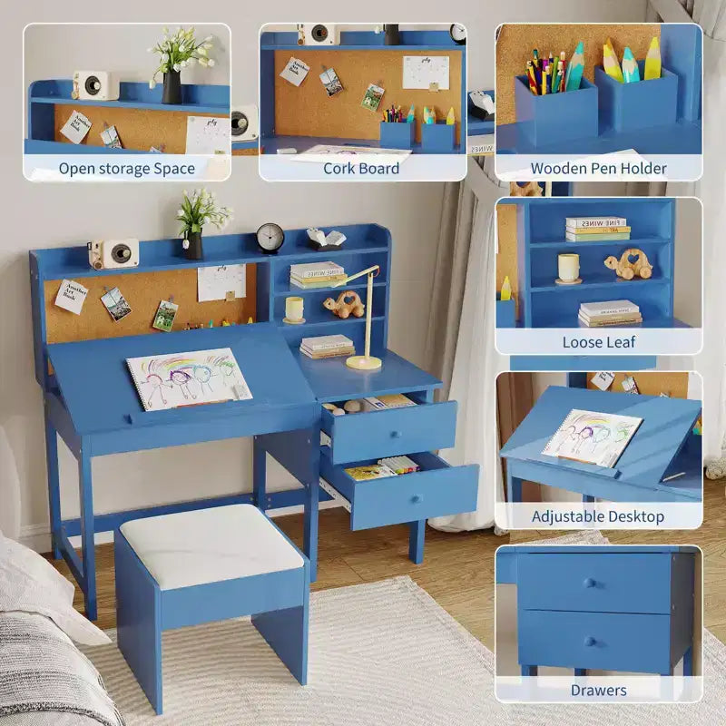 Schreibtisch- und Stuhlset für Kinder, hölzerner Lerntisch mit verstellbarer, neigbarer Tischplatte, Schubladen und Korktafel - Lernschreibtisch-Set für Kinder