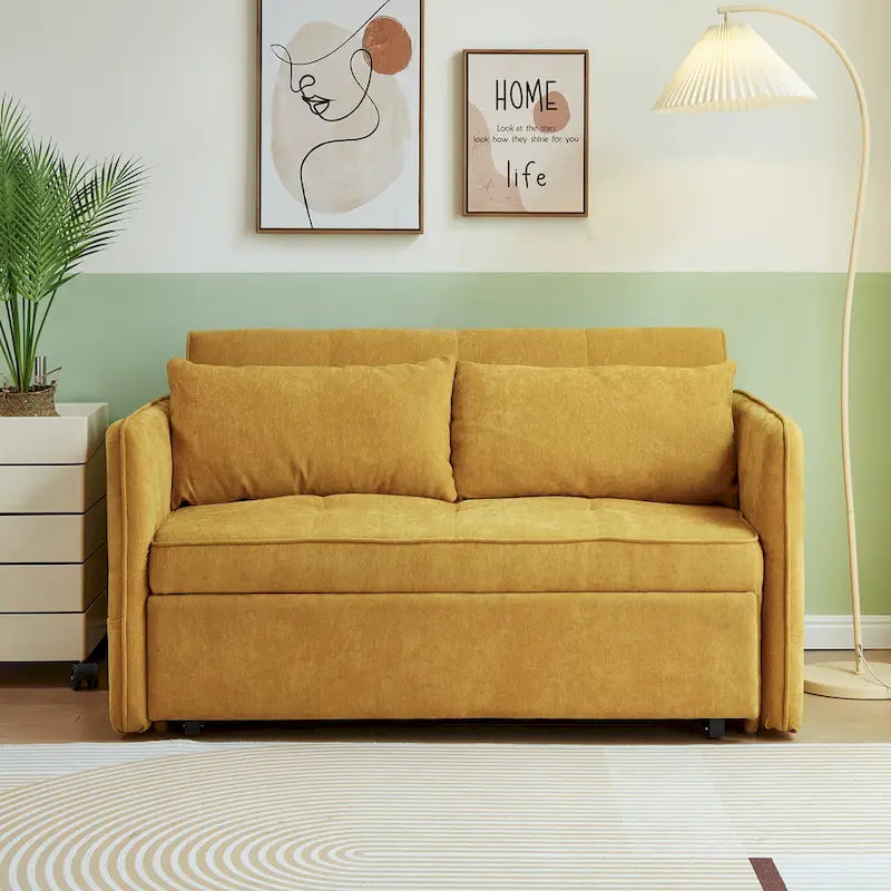 Gele slaapbank van chenille, uittrekbaar - 39.00 x 53.50 x 31.50