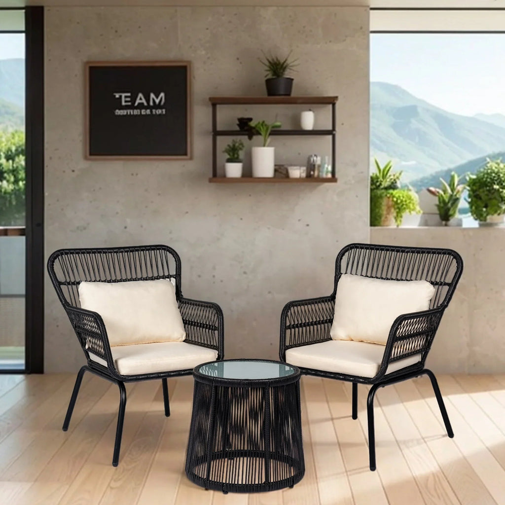 Ensemble bistro de jardin en osier de 3 pièces, ensemble de fauteuils de patio en rotin toutes saisons avec coussins