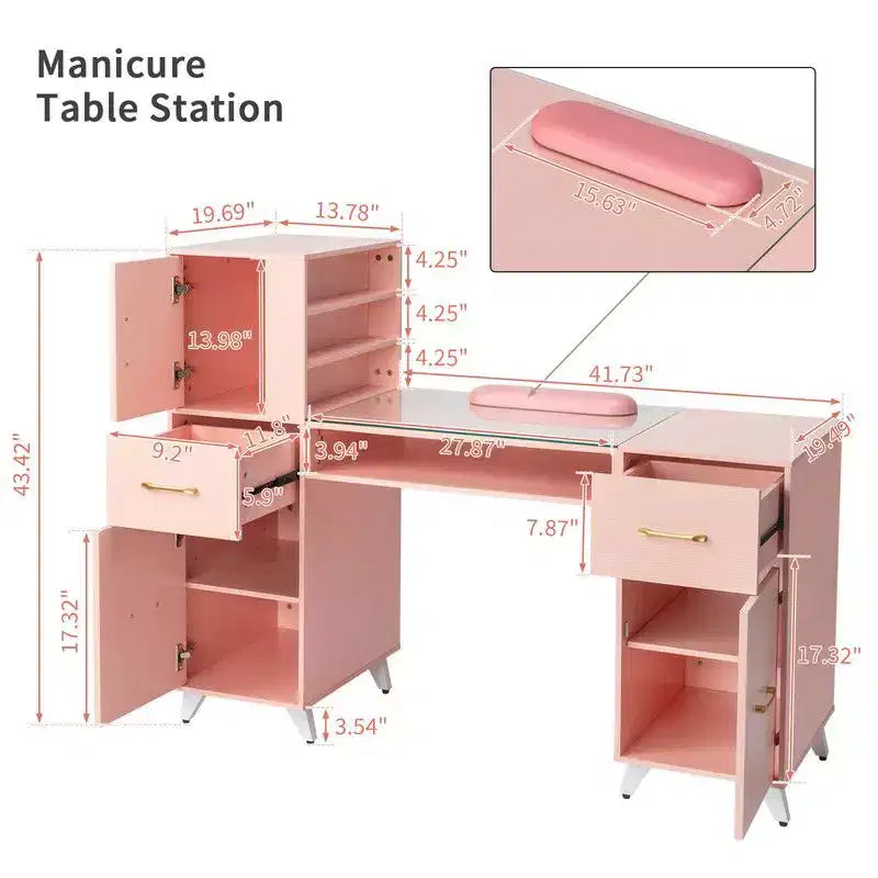 Zwart / roze moderne manicuretafel met glazen blad en polssteun, één werkplek