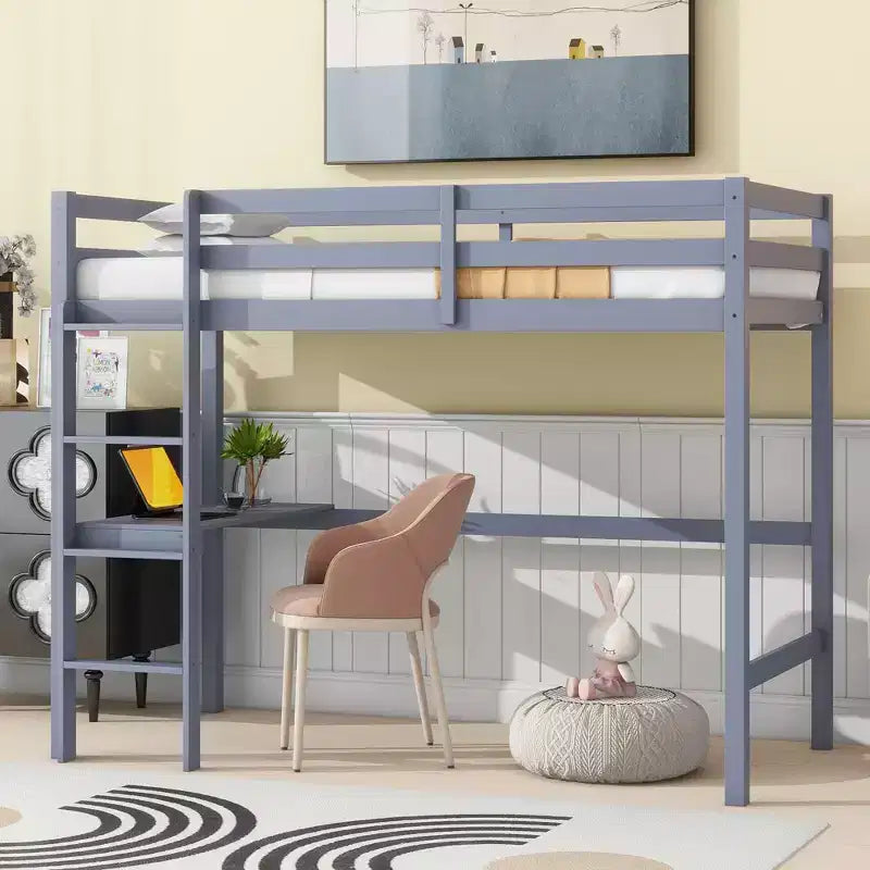 Okak minimalistisch hoogslaper met ladder, hoogslaper van rubberhout voor één persoon met veiligheidsreling en ingebouwd bureau, bedframes voor kinderen en tieners