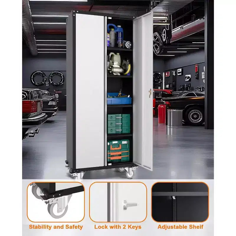 Armoire de rangement pour garage avec roulettes et panneau perforé, armoire métallique verrouillable de 72 H avec 2 portes et 4 étagères réglables pour atelier de garage