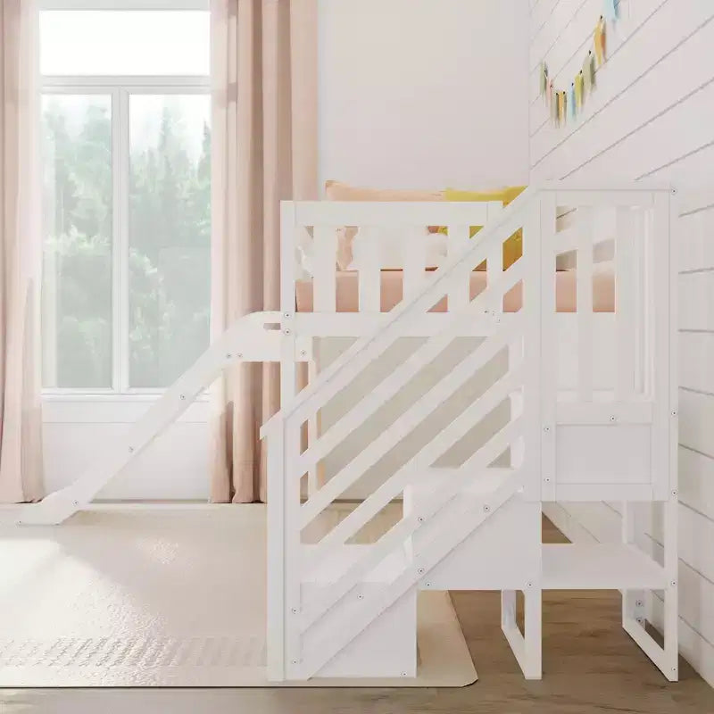 Letto a soppalco basso singolo per bambini con scivolo e scale, in legno massello, 14 sponde di sicurezza, capacità di 400 lb