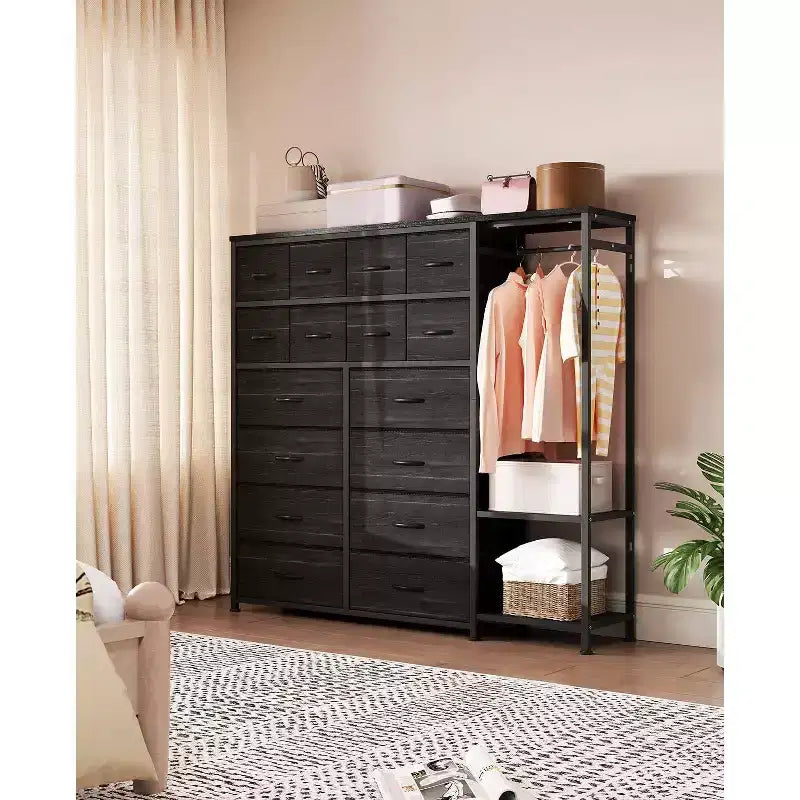 Commode avec 16 tiroirs, tringle de penderie et étagères, organisateur de rangement en tissu pour chambre, placard ou entrée