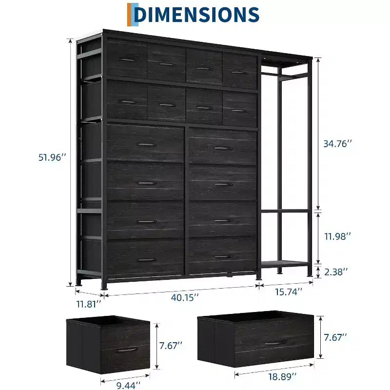 Commode avec 16 tiroirs, tringle de penderie et étagères, organisateur de rangement en tissu pour chambre, placard ou entrée