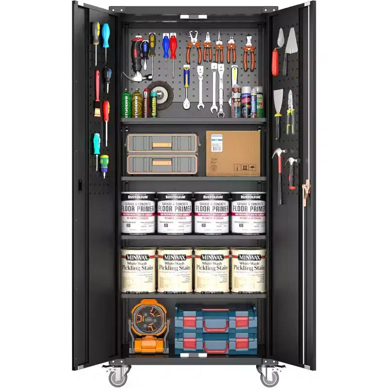 Armoire de rangement pour garage avec roulettes et panneau perforé, armoire métallique verrouillable de 72 H avec 2 portes et 4 étagères réglables pour atelier de garage