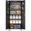 Armoire de rangement pour garage avec roulettes et panneau perforé, armoire métallique verrouillable de 72 H avec 2 portes et 4 étagères réglables pour atelier de garage