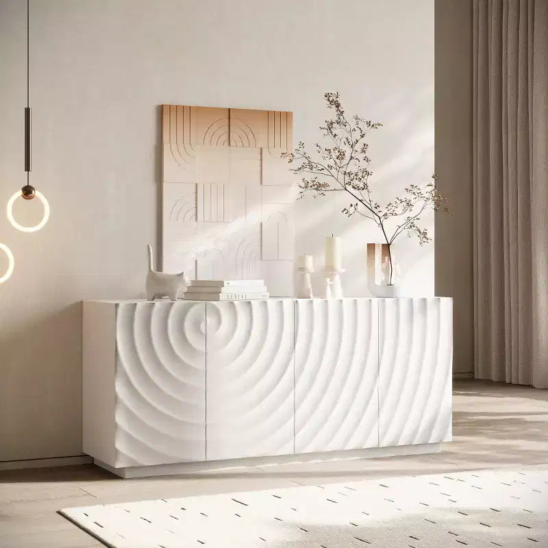 59 modern spiraalvormig dressoir, laag opbergmeubel voor de hal met deuren met 3D-ribbelstructuur
