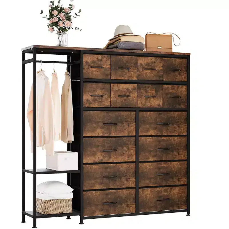 Commode avec 16 tiroirs, tringle de penderie et étagères, organisateur de rangement en tissu pour chambre, placard ou entrée
