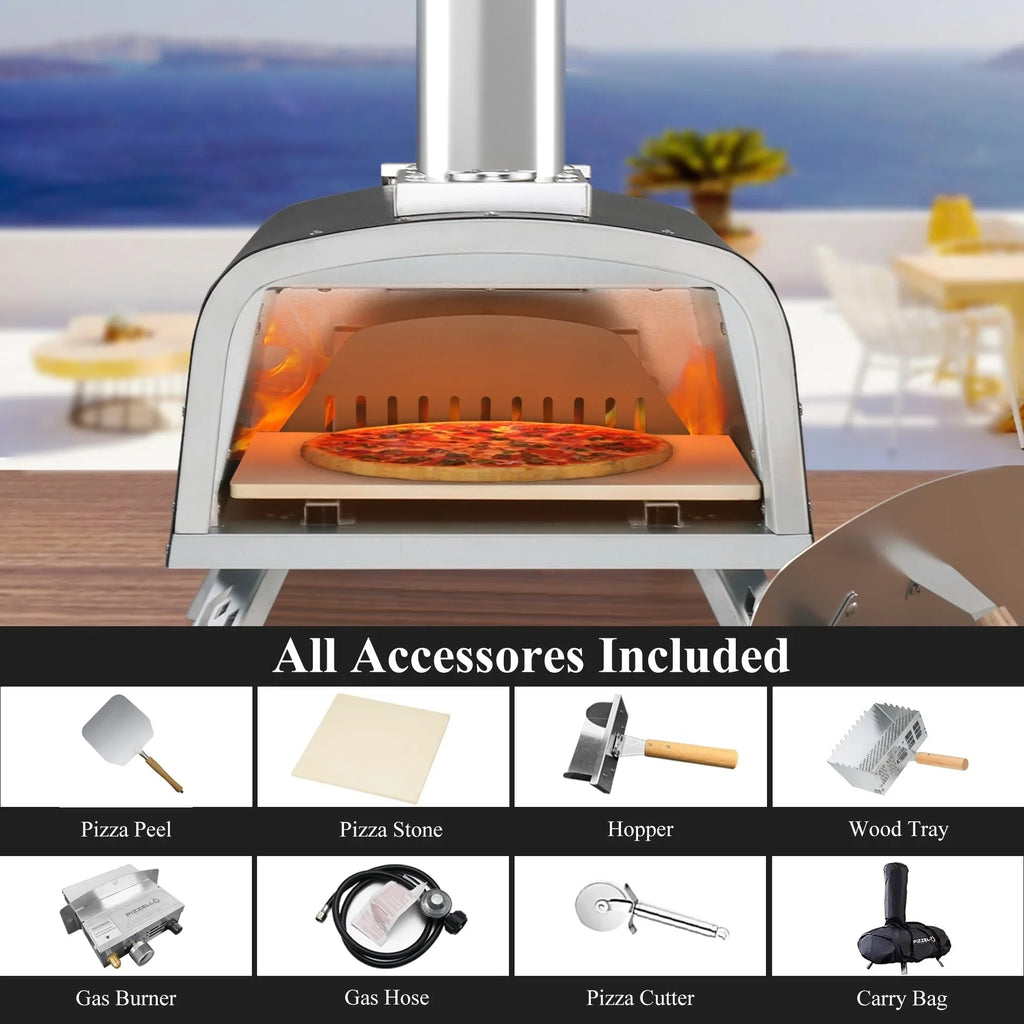 Four à pizza d’extérieur multi-combustible avec brûleur à gaz et compartiment à bois - 12 pouces