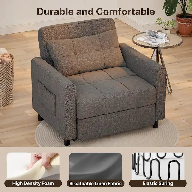 Fauteuil convertible 3-en-1 avec lit escamotable, canapé lounge rembourré convertible, réglable et pliable