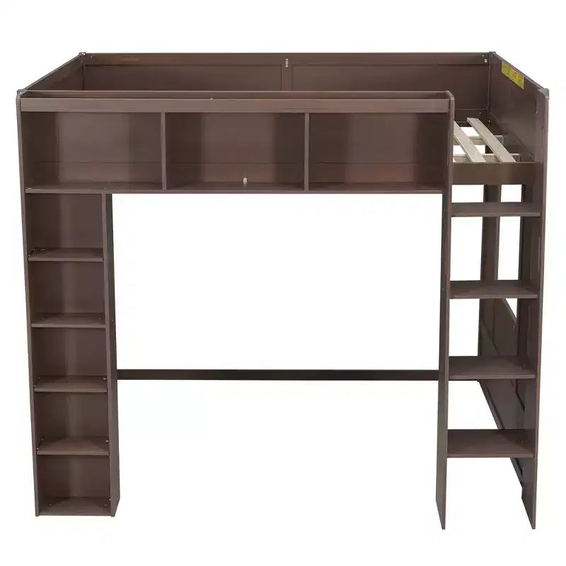 Struttura letto a soppalco in legno Whisen Queen Size con armadietti e ripiani contenitori