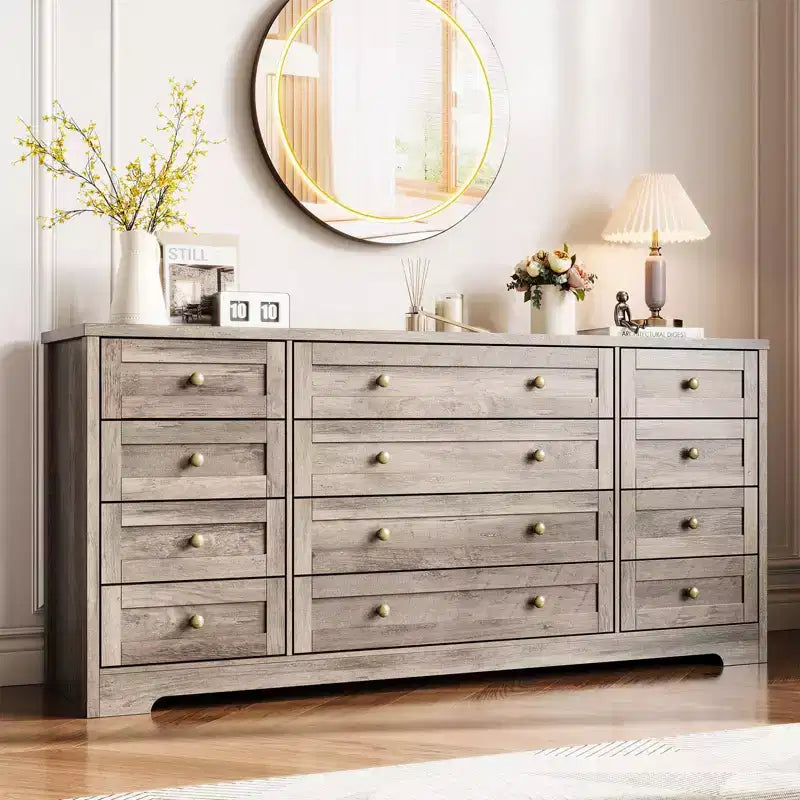 Cassettiera in legno con 12 cassetti per camera da letto, credenza TV moderna e larga per TV da 65 pollici, cassettiera in legno, contenitore in stile rustico per il soggiorno