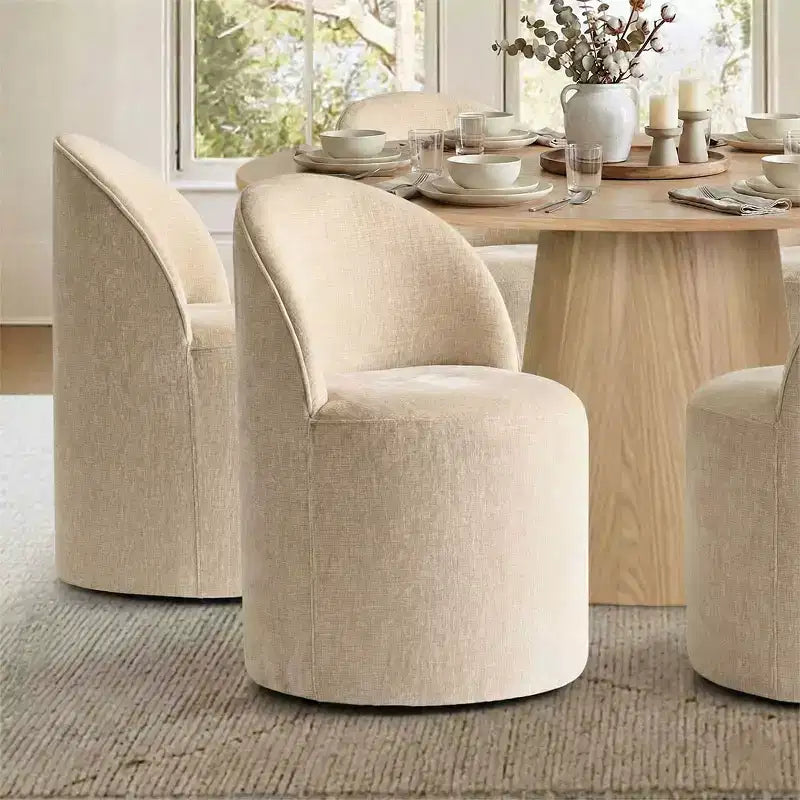 Moderne eethoek voor 6 personen, ronde eettafel met centrale voet, draaibare kuipstoelen op wieltjes, chenillestof met structuur - Panipeachy