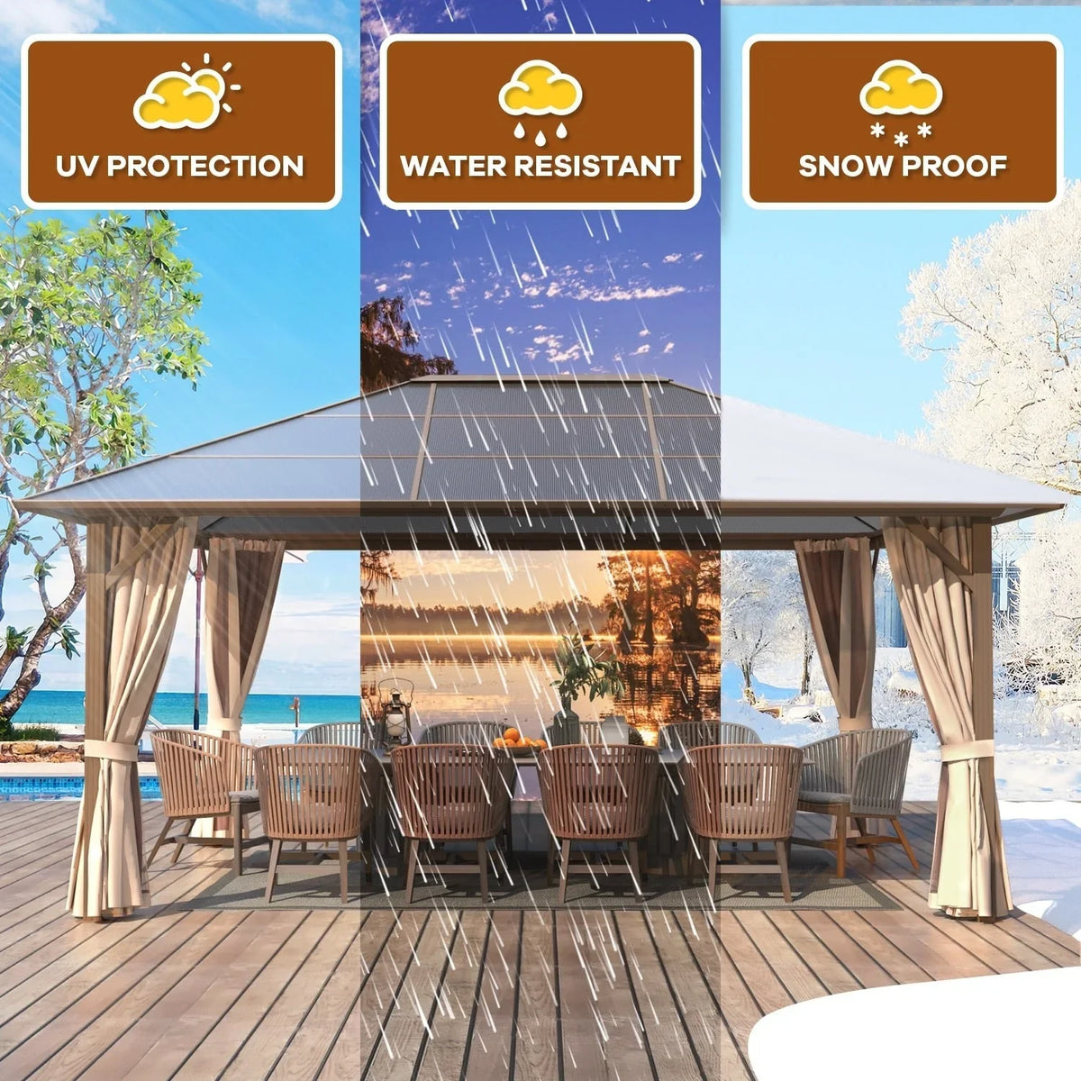 Gazebo EROMMY con tetto rigido, pergola da esterno con doppio tetto, rete e tende, copertura robusta per patio, giardino e feste in piscina