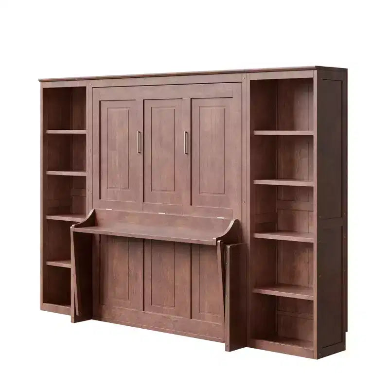 Letto a scomparsa matrimoniale con scrivania e libreria, salvaspazio, marrone scuro - ModernLuxe