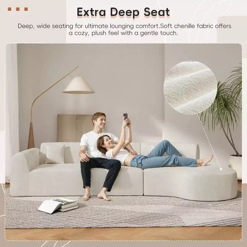 Divano componibile moderno curvo da 140 pollici con chaise longue, set da 3 pezzi, per soggiorno