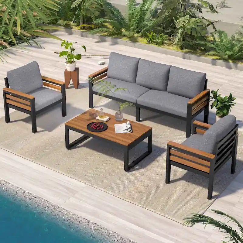 Ensemble de canapé d'extérieur 4 pièces pour 5 personnes, avec table basse en bois massif et coussins amovibles