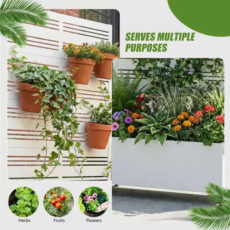 MAYEERTY weißer rechteckiger Pflanzkasten aus Schmiedeeisen mit Rankgitter (Harold Wide-Narrow B Louvered), 72x35x16, 5-teiliges Gartendekor für drinnen und draußen