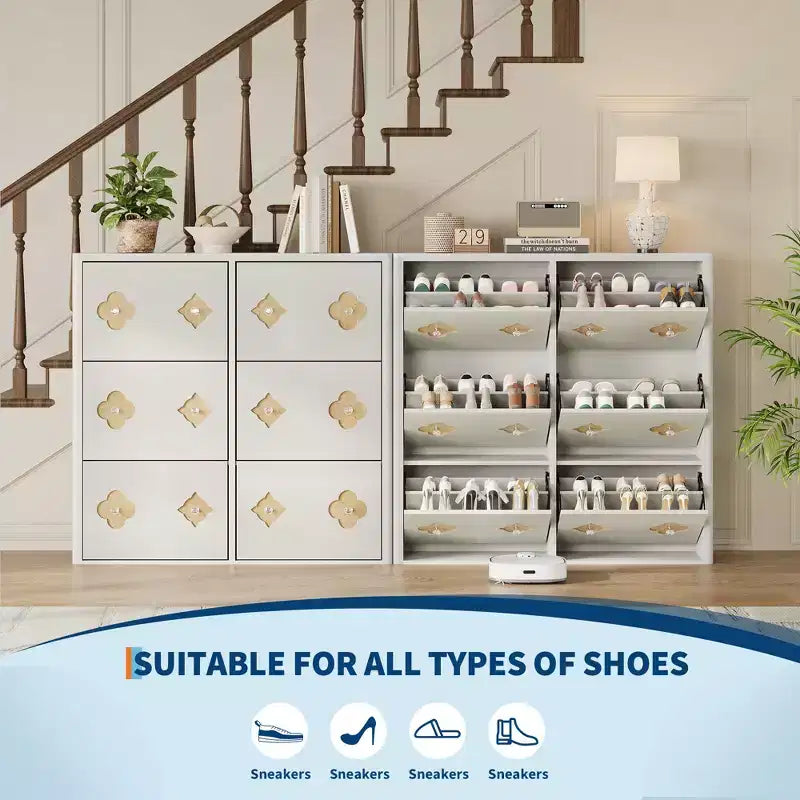 Meuble à chaussures en bois avec 6 tiroirs basculants, étagères réglables, motif floral, poignées en losange, rangement mince sur pied pour l’entrée