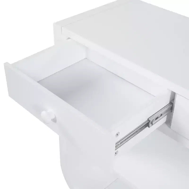 Tavolo consolle curvo ModernLuxe, tavolo d'ingresso, tavolino laterale per divano, espositore, tavolino d'accento con 3 cassetti a chiusura ammortizzata e 2 ripiani aperti