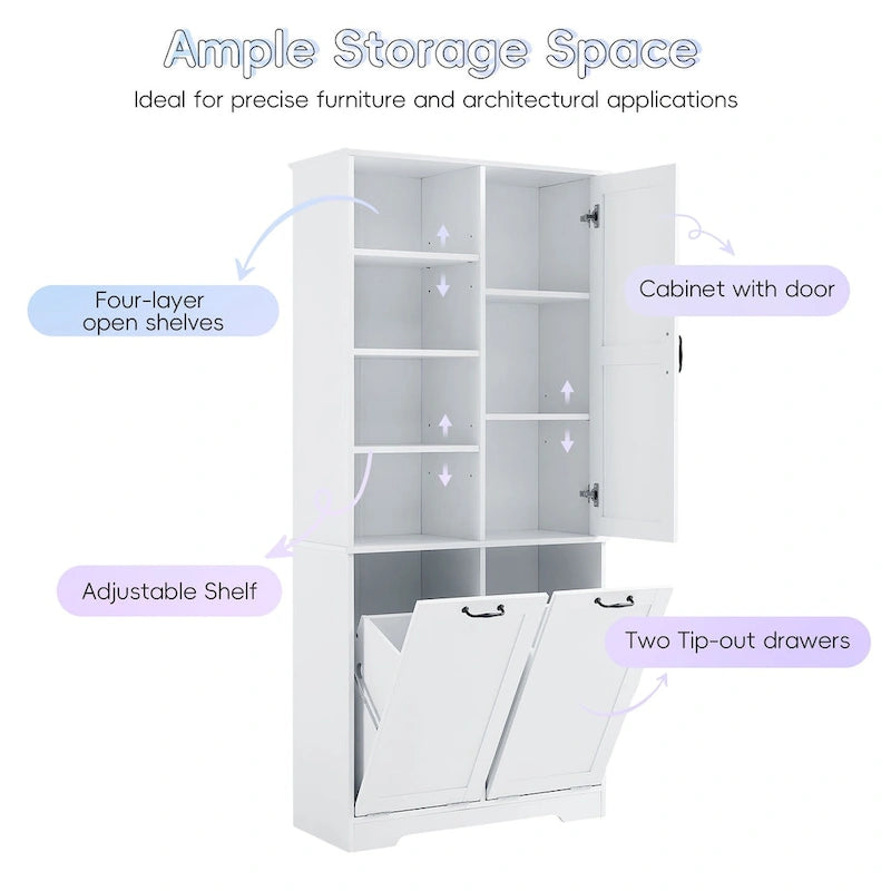 Meuble de rangement de salle de bain avec tiroirs, panier à linge basculant, plusieurs espaces de rangement, étagère ouverte et étagère réglable