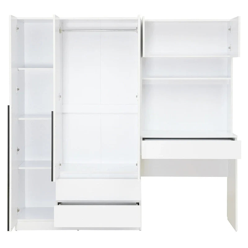 Armoire 3-en-1 avec coiffeuse et bureau, armoire de chambre avec 2 tiroirs et 3 portes de rangement