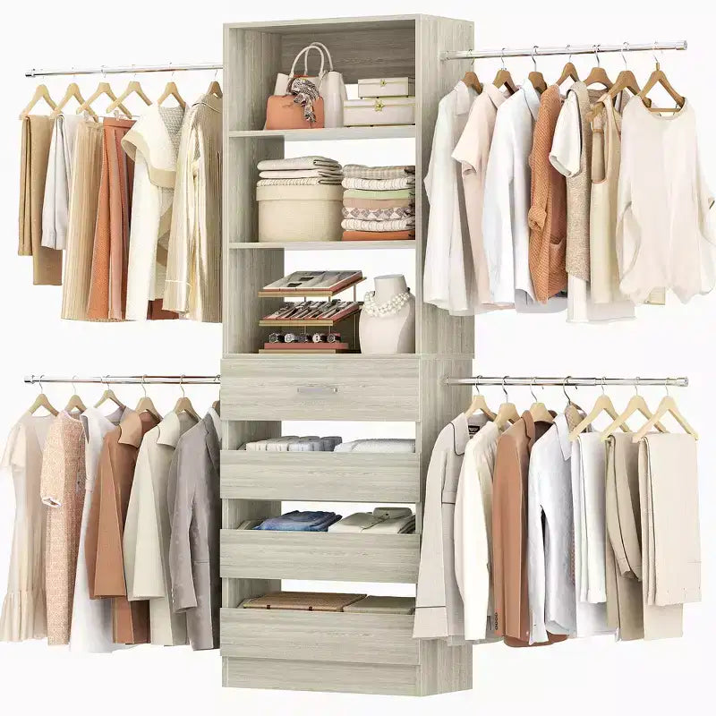 Système d'aménagement de dressing en bois Besiost de 4 à 9 pi avec 4 tiroirs, 4 tringles et des colonnes d'étagères