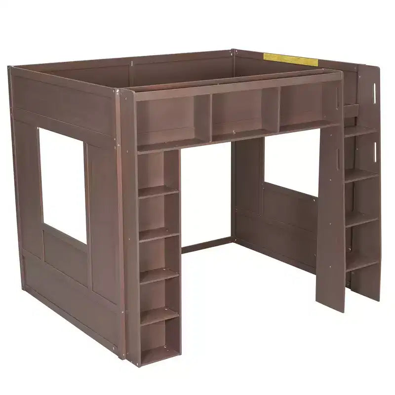 Struttura letto a soppalco in legno Whisen Queen Size con armadietti e ripiani contenitori