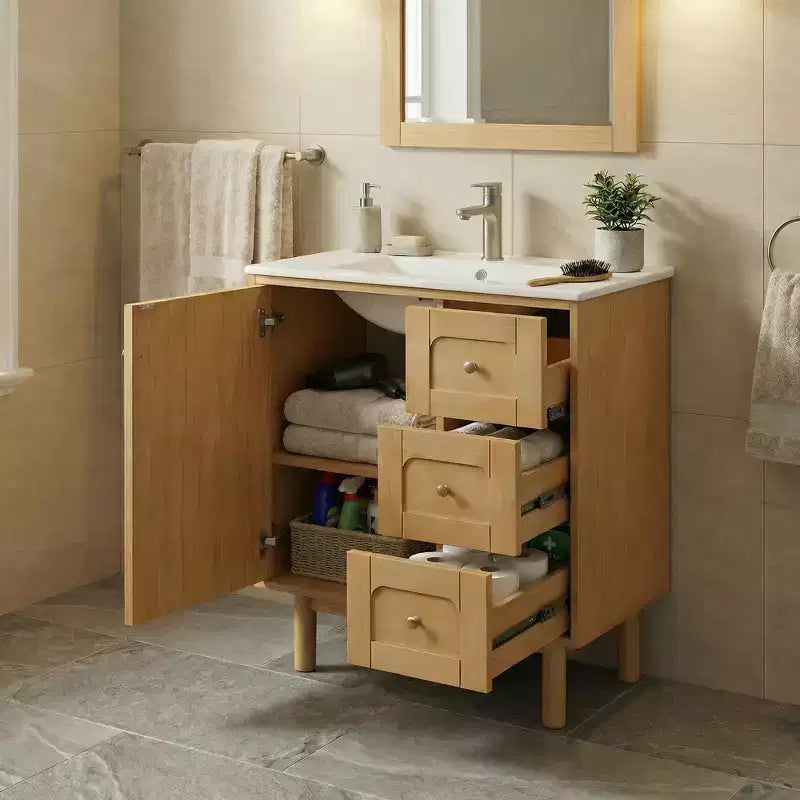 JVNOXK Keramik-Waschtischunterschrank, 30 Zoll, rustikal-modern, mit 3 Schubladen und 1 großen Tür mit Soft-Close-Funktion, Aufbewahrungsschrank, natürliche Holzmaserung
