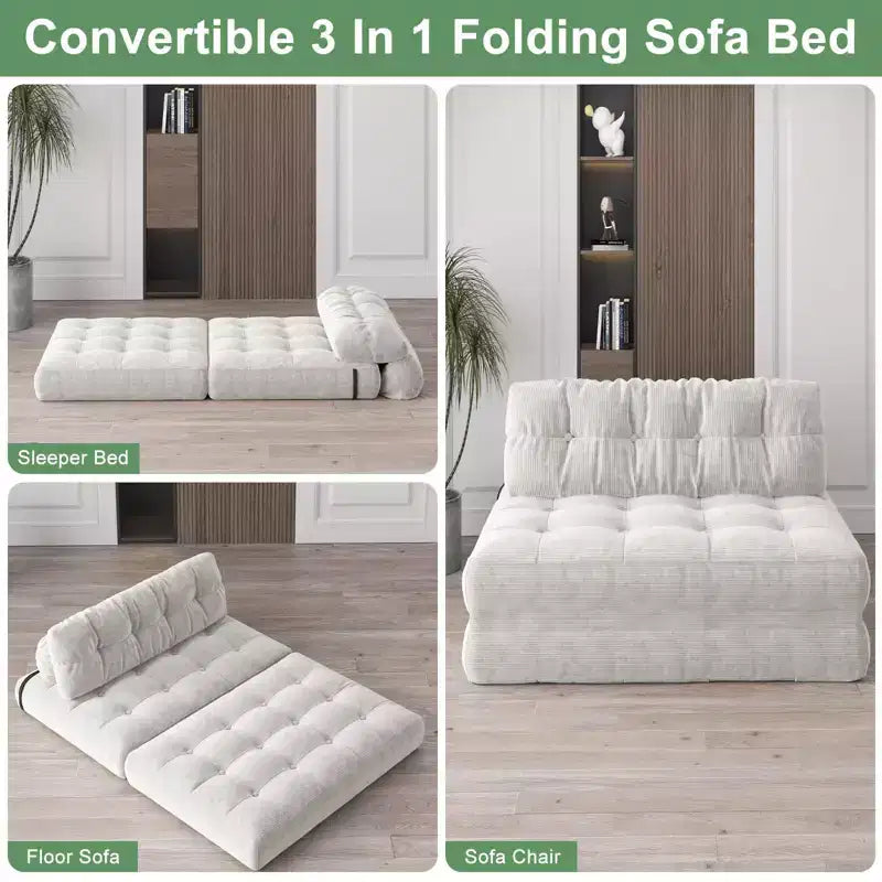 Futon pliant convertible en lit, format deux places, en velours côtelé, fauteuil-lit de sol avec coussin et soutien dorsal