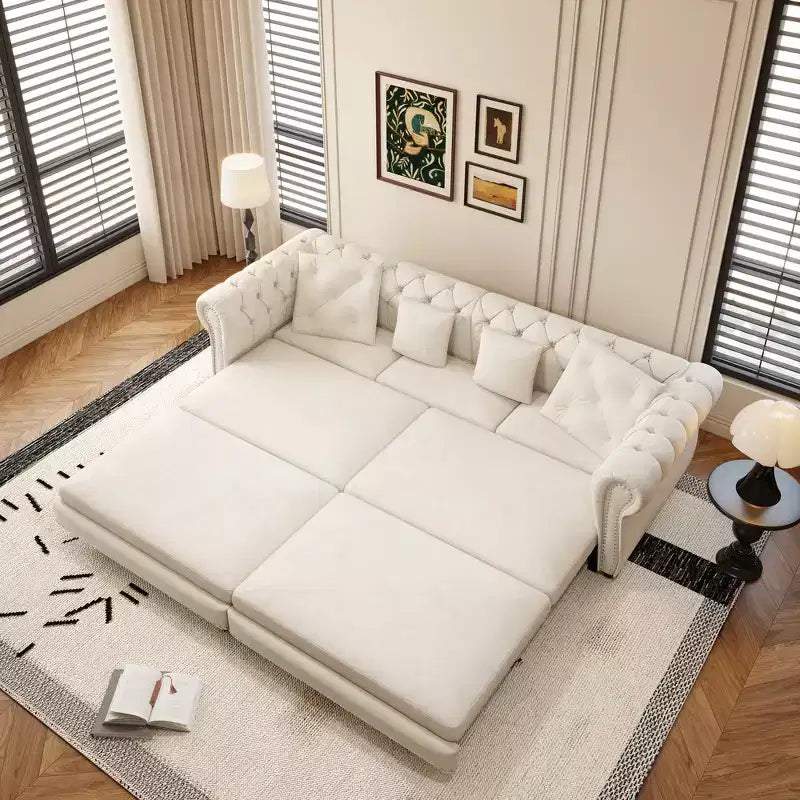 Canapé-lit convertible 3-en-1 Whisen en velours, format king size, avec pouf mobile, design capitonné
