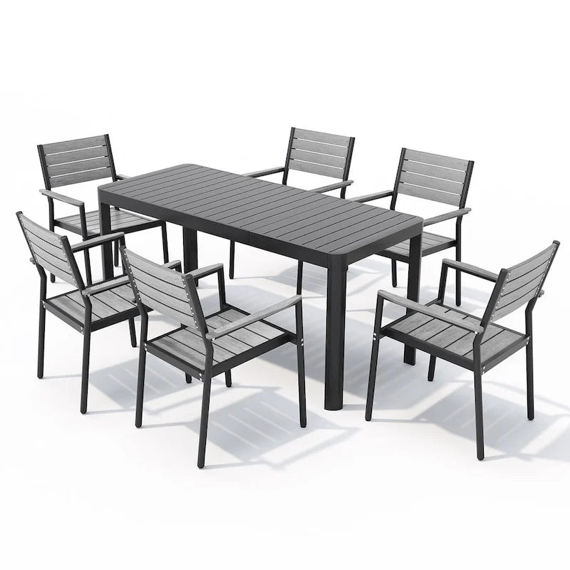 Set da pranzo da esterno in alluminio da 5/7 pezzi con sedie impilabili e tavolo allungabile