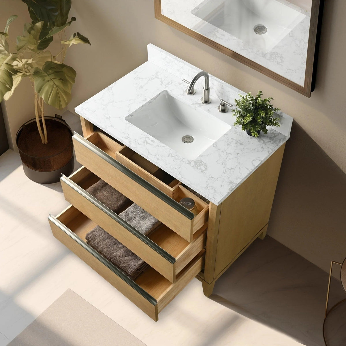 Meuble-lavabo de salle de bain Vanity Art avec lavabo en céramique et comptoir en marbre reconstitué