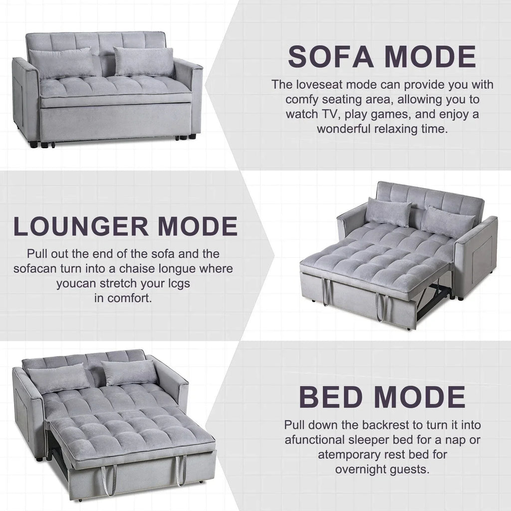 Modernes Ausziehsofa mit Schlaffunktion, 3-in-1-Schlafsofa mit verstellbarer Rückenlehne, Samt-Zweisitzer, Kissen und Seitentaschen
