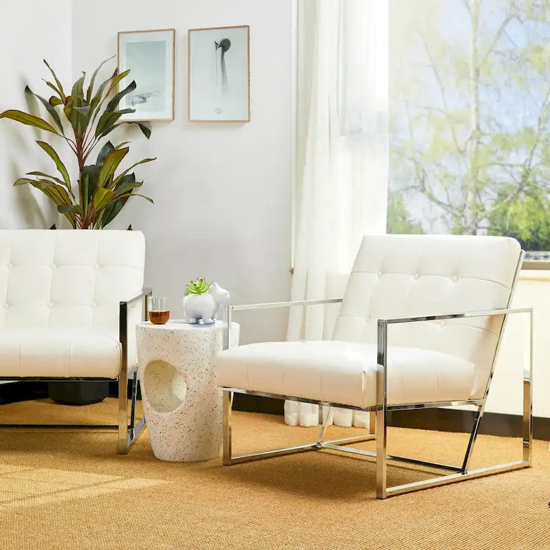 Glitzhome Akzentstuhl im Mid-Century-Stil, 30.50H, cremefarben, aus PU-Leder mit Knopfheftung und verchromtem Gestell