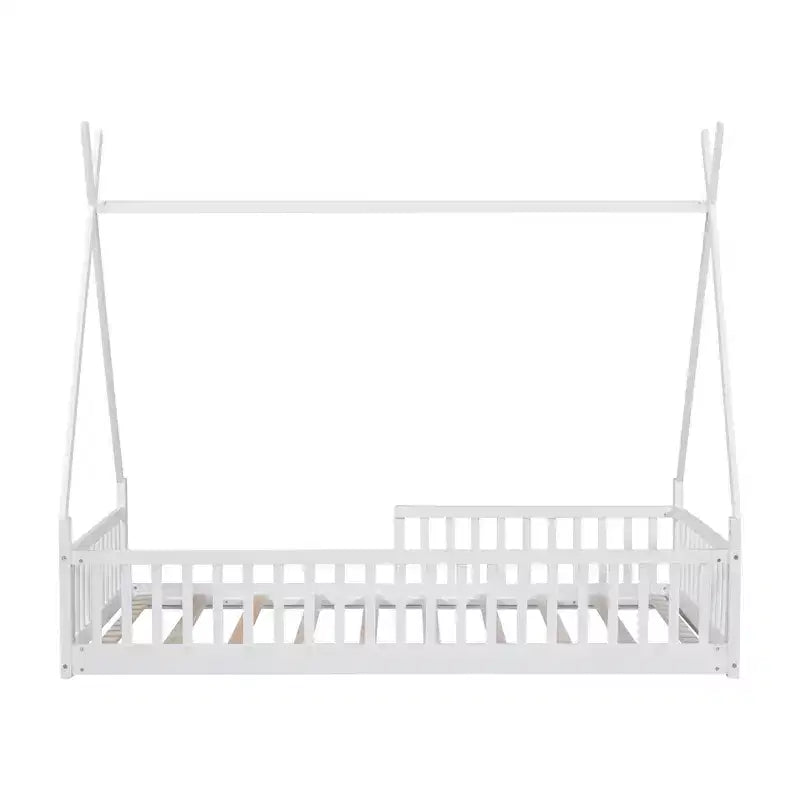 Vloerbed voor kinderen, tentbedden in eenpersoonsformaat, Montessori-vloerbed met latten en hekwerk, houten huisbedframe voor jongens en meisjes