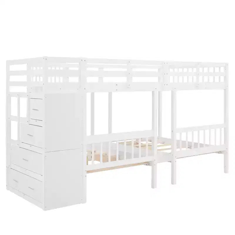 Lit superposé Whisen avec lit double au-dessus de deux lits simples, en bois, avec tiroirs et barrières de sécurité