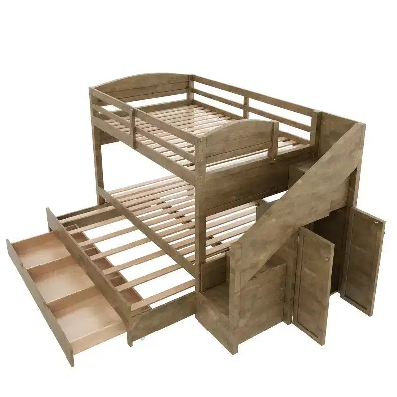 Struttura letto a castello singolo Whisen XL con letto estraibile, letto a castello con contenitore, legno massello, scala contenitore, armadio, 3 cassetti, per bambini