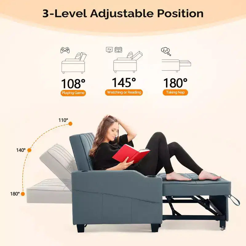 Gepolsterte, umwandelbare Schlafcouch mit Relaxfunktion aus Cat's-Claw-Leder, Kissen inklusive, für kleine Räume
